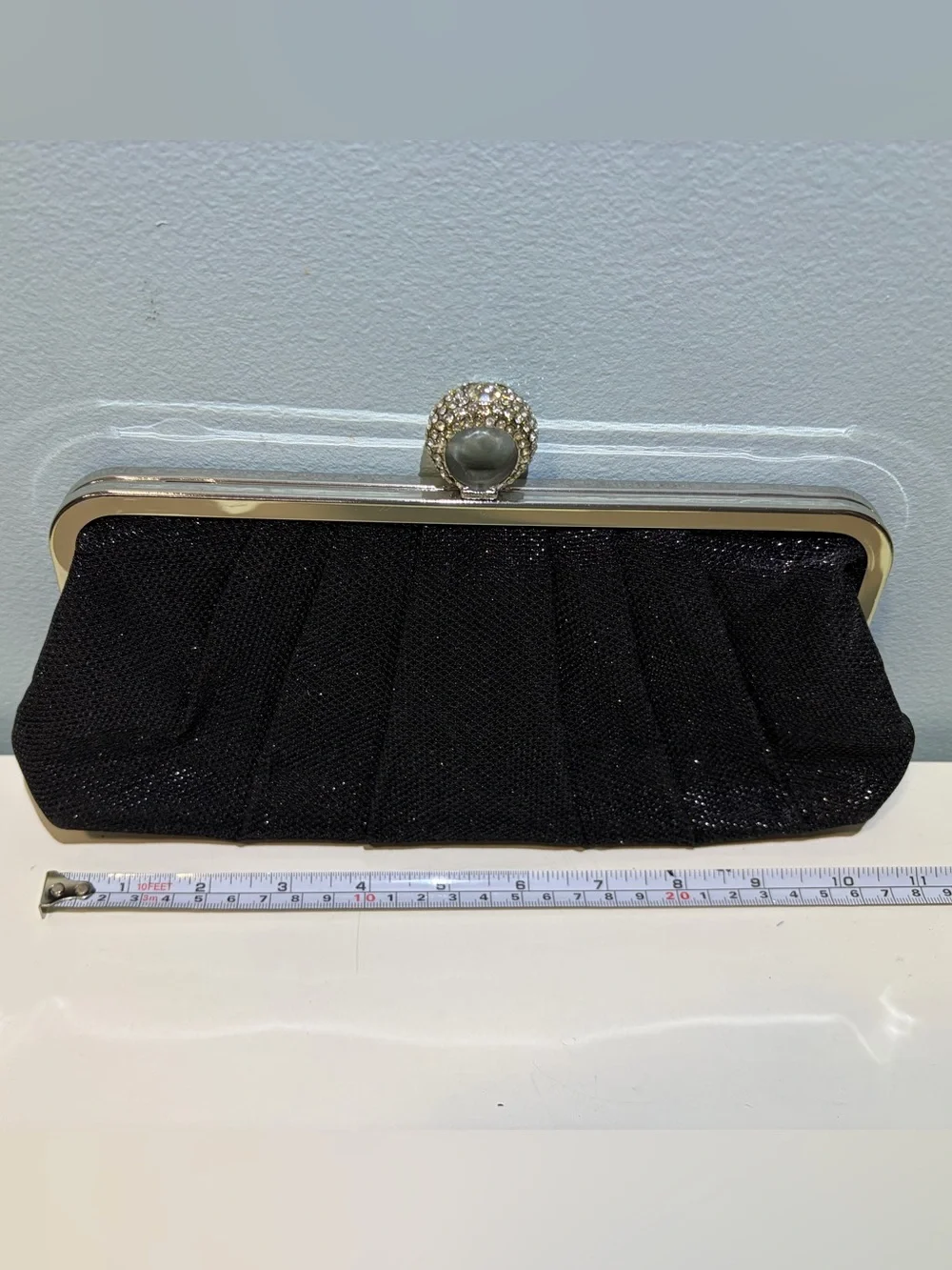 Jessica McClintock Sparkly Black Evening Clutch Rhinestone Finger Hold & Chain